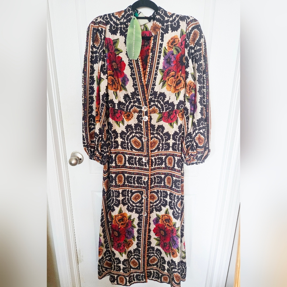 FARM Rio Black Floral Button-Front Midi Dress with Red, Orange & Purple Blooms